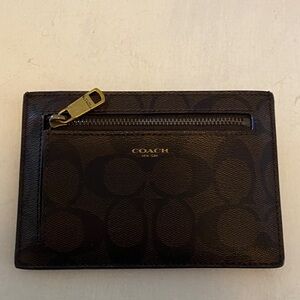 Coach Dark Brown Card Holder with Gold Zipper